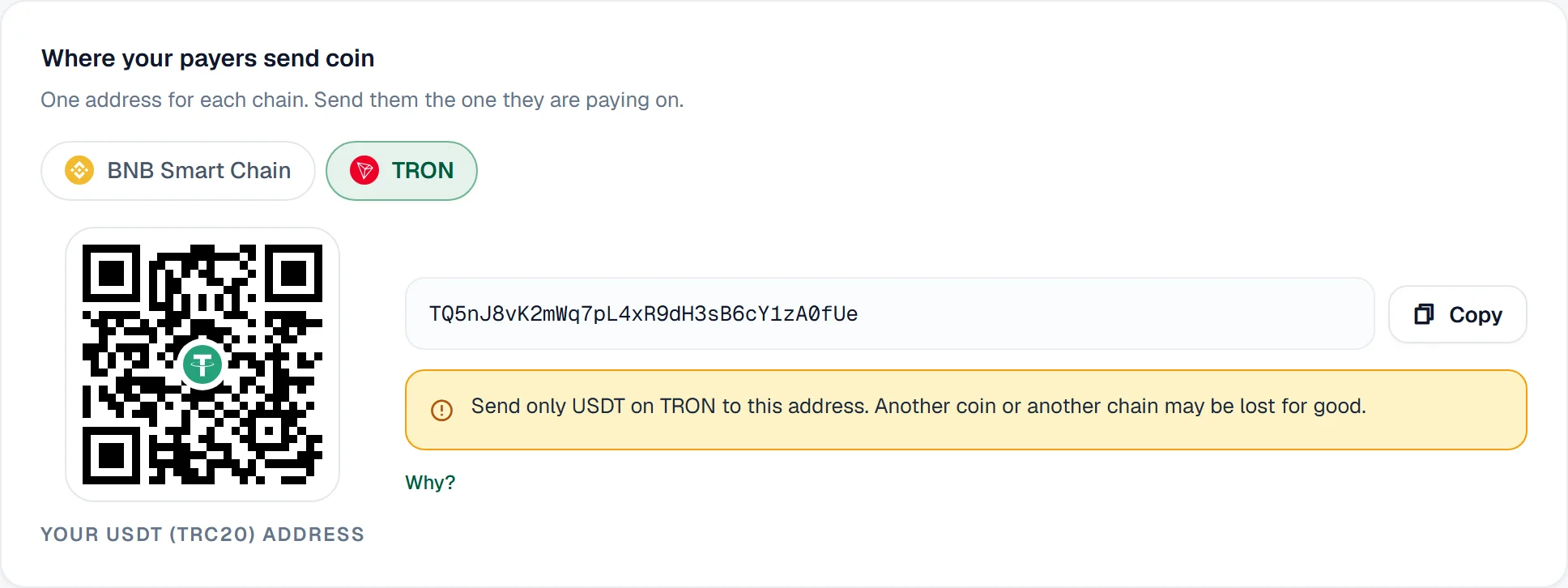 A USDT address with its QR code